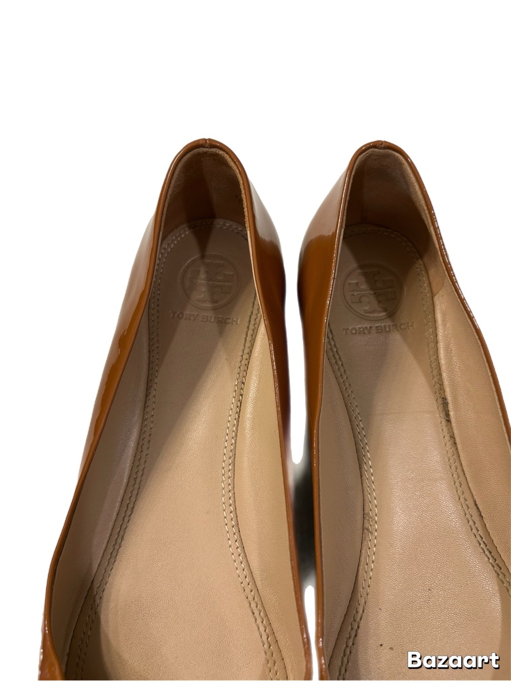 Tory Burch Chelsea Patent Leather Ballet Flats Tan Umber Gold Logo Size 7.5 - Picture 2 of 6